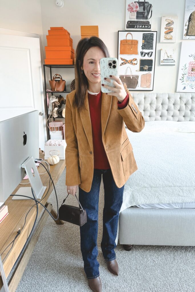 Camel suede blazer with red sweater and brown boots