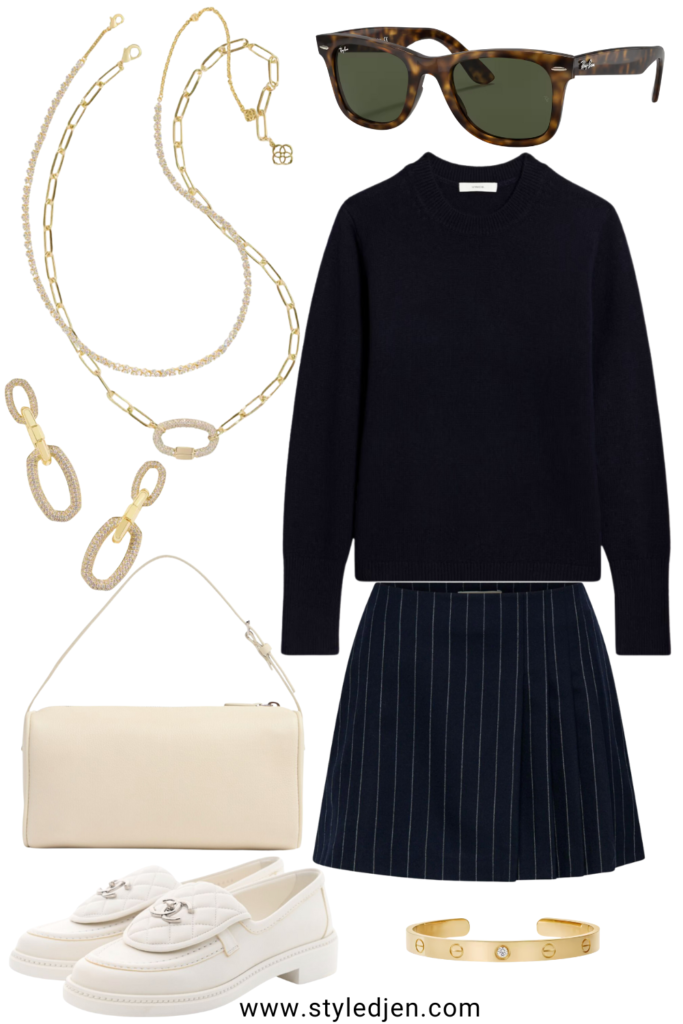 Navy cashmere sweater with navy pinstripe skort and chanel white loafers