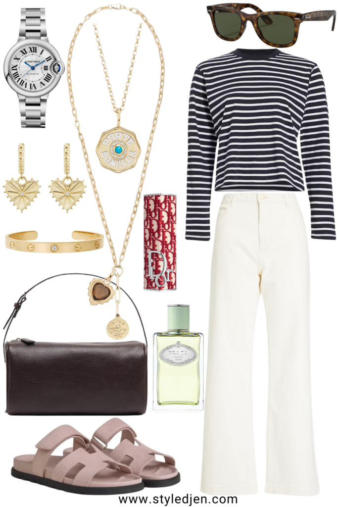 Navy long sleeve stripe tee with ivory baggy jeans and hermes chypre sandals