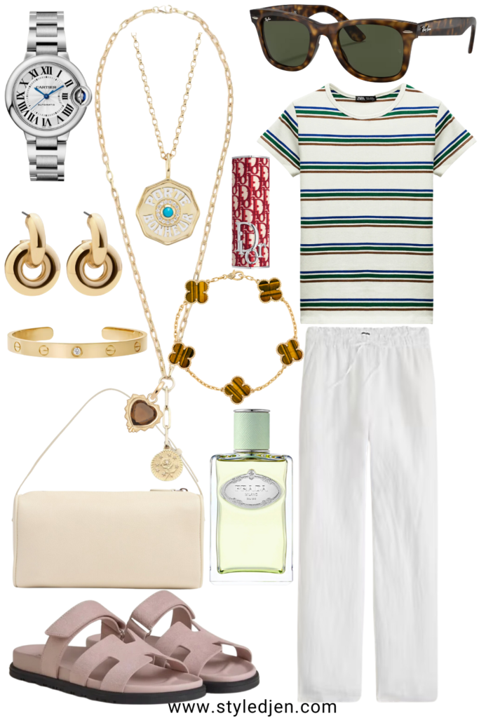 Zara stripe ribbed tee with j crew white linen pants and the row ivory 90s bag