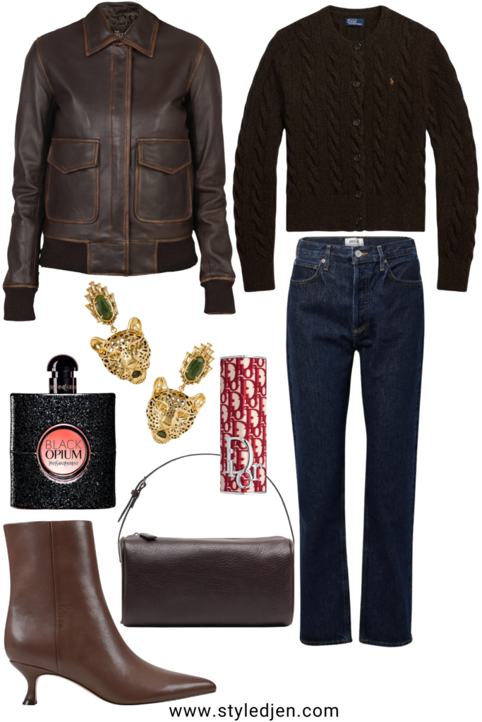 Brown leather coat with ralph lauren brown cable knit cardigan and the row brown 90s bag