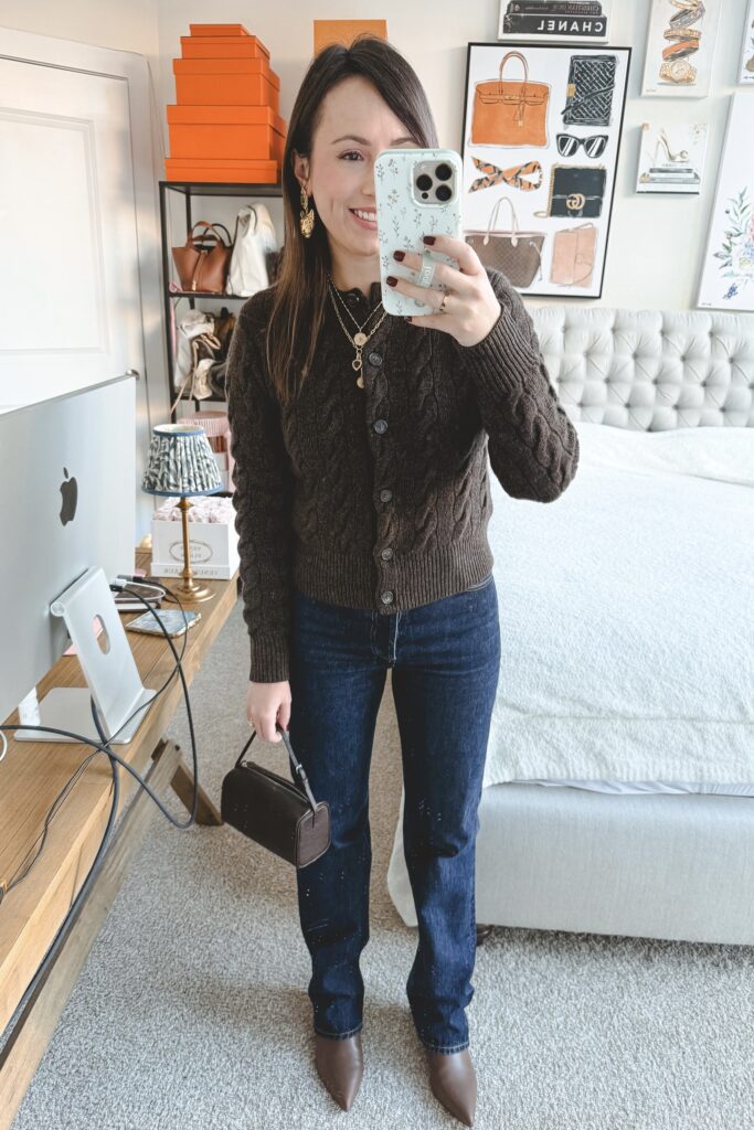 Brown leather bomber coat with ralph lauren brown cable knit cardigan and brown boots