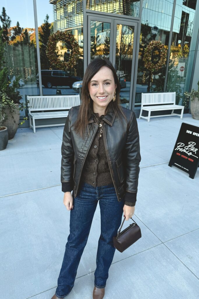 Brown leather bomber coat with ralph lauren brown cable knit cardigan and the row brown 90s bag