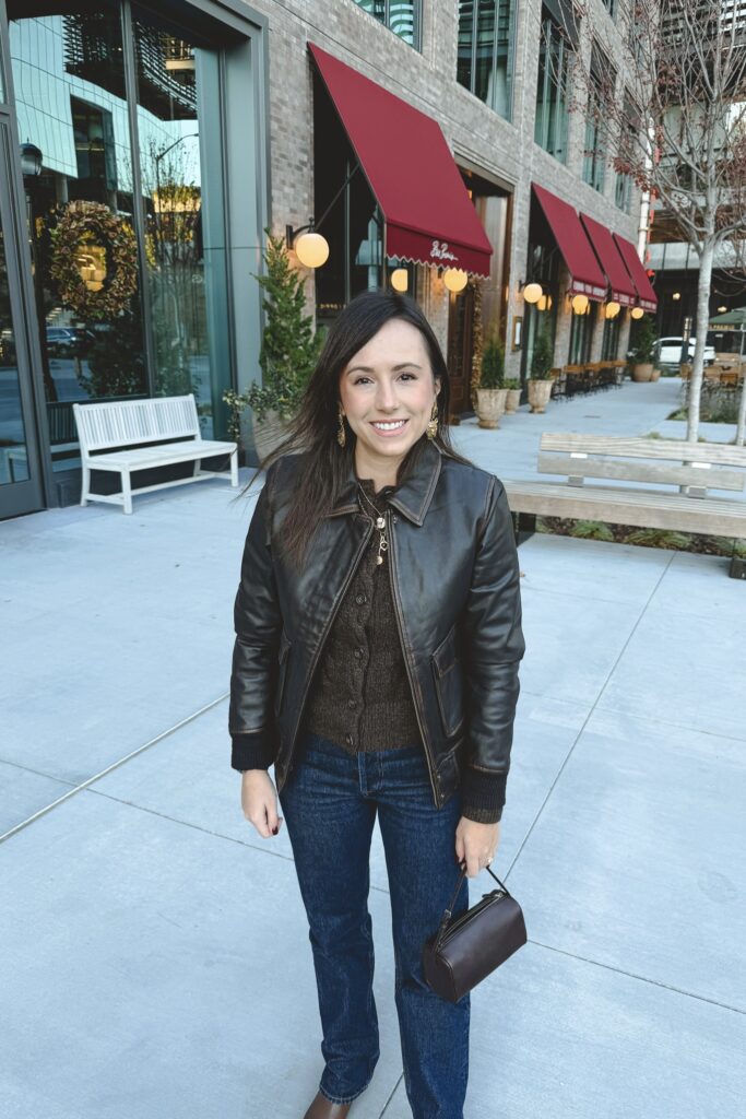 Brown leather bomber coat with ralph lauren brown cable knit sweater and the row brown 90s bag