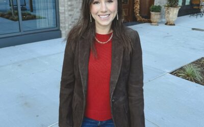 Kobi Halperin chocolate brown suede blazer with red cashmere sweater and red suede 90s bag