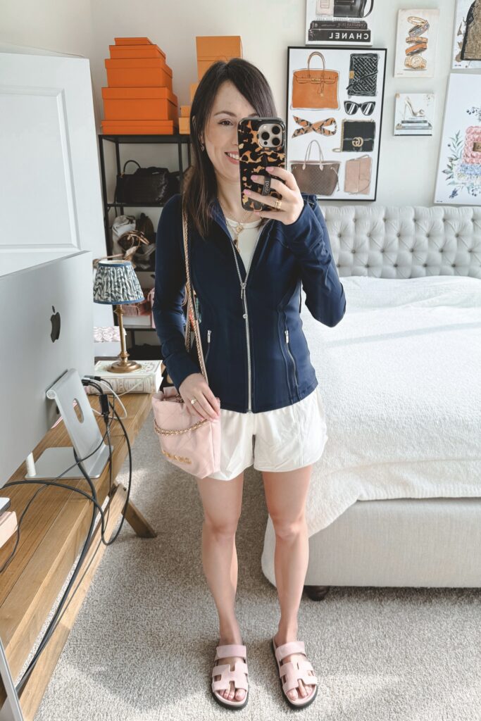 Lululemon navy define jacket with lululemon bone hotty hot shorts and chanel 22 mini pink