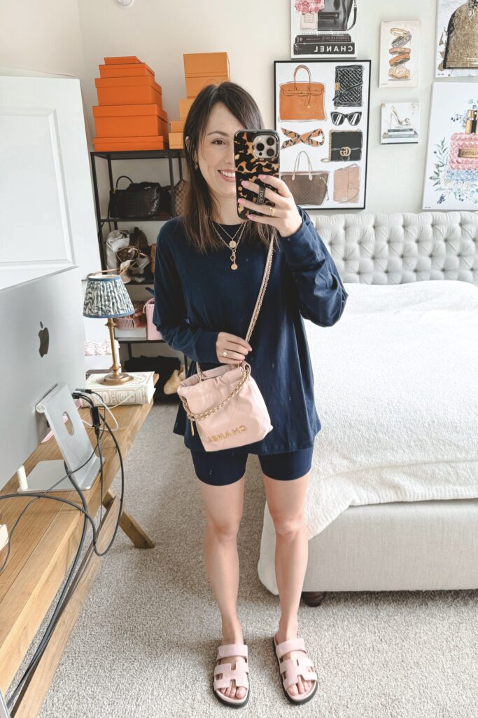 Lululemon navy all yours tee with lululemon navy align shorts and hermes chypre rose porcelaine