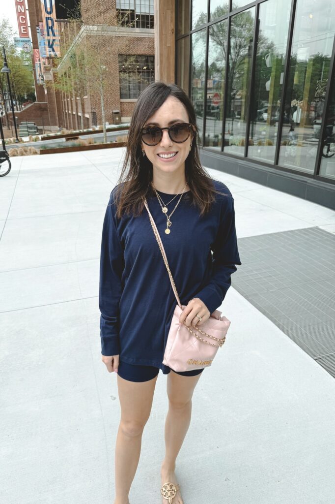 Lululemon navy all yours tee with lululemon navy align shorts and chanel 22 mini pink