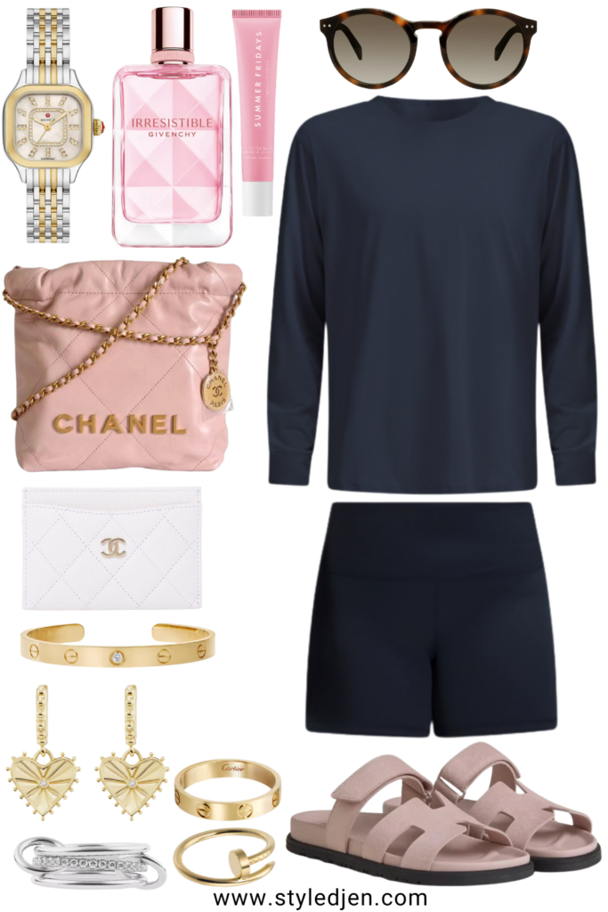 Lululemon navy all yours tee with lululemon navy align shorts and pink chanel 22 mini