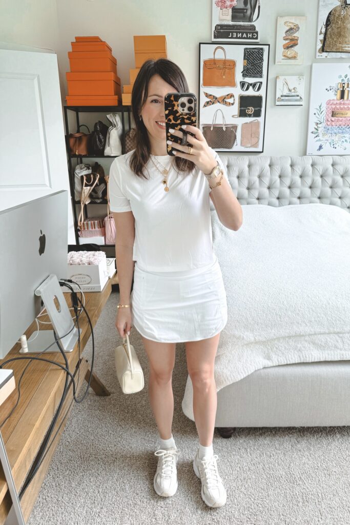 Lululemon ultralight tee white with lululemon hotty hot skort white and new balance 530 sneakers