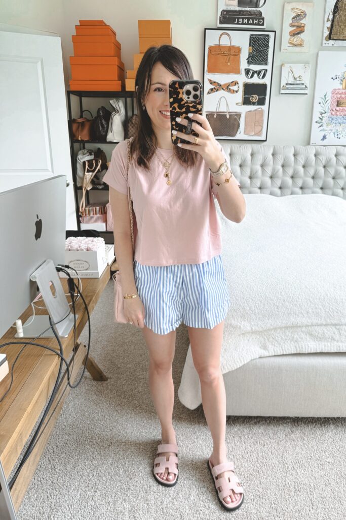 Lululemon cates tee pink haze with ralph lauren blue stripe boxer shorts and hermes chypre sandals
