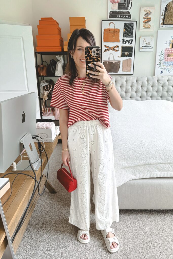 Red stripe tee with z supply white eyelet pants and chanel white dad sandals