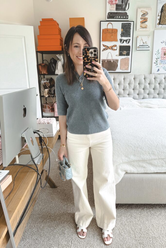Vince boucle stone polo sweater with ecru wide leg jeans and hermes white oran sandals