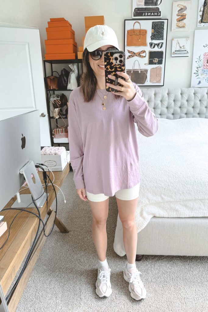 Lululemon all yours tee rose blush with lululemon align shorts bone and new balance 9060 sneakers