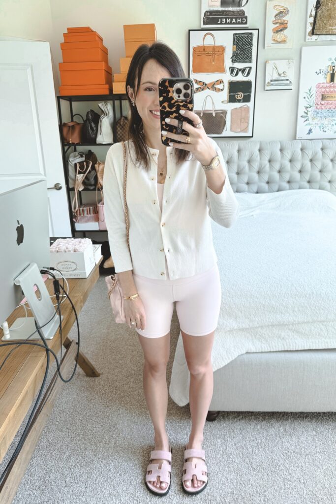 Lululemon strawberry milkshake align shorts with white cardigan and hermes chypre sandals