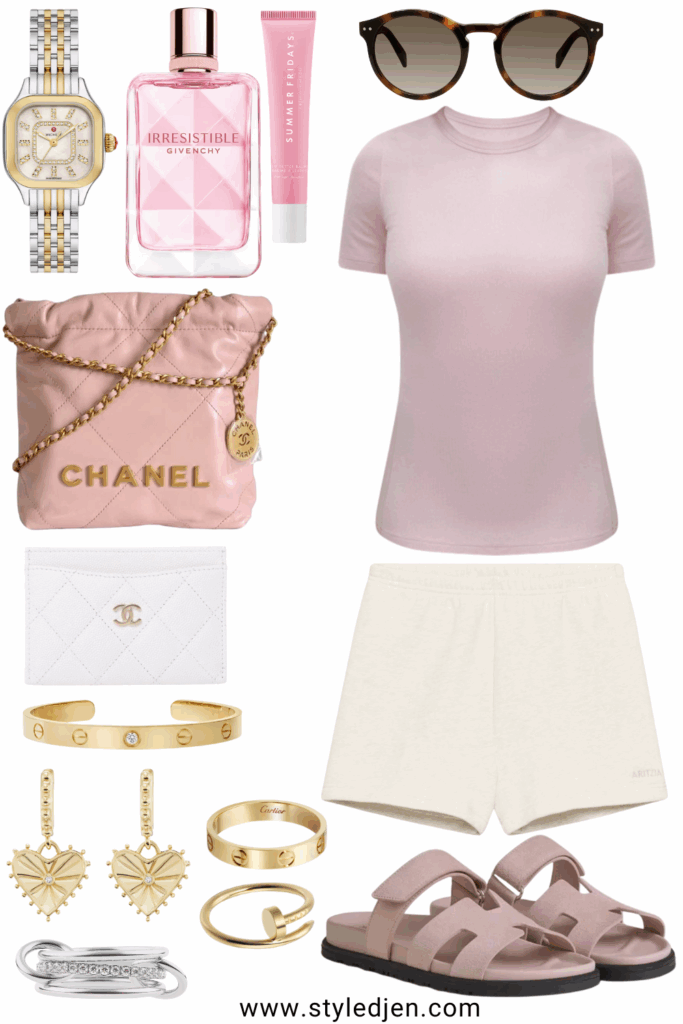 Lululemon hold tight tee pink haze with aritzia oatmeal fleece shorts and chanel mini pink 22