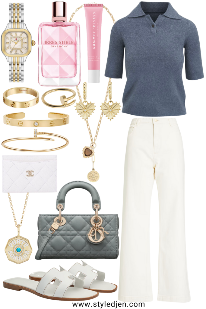 Vince boucle blue polo sweater with ecru wide leg jeans and hermes white oran sandals