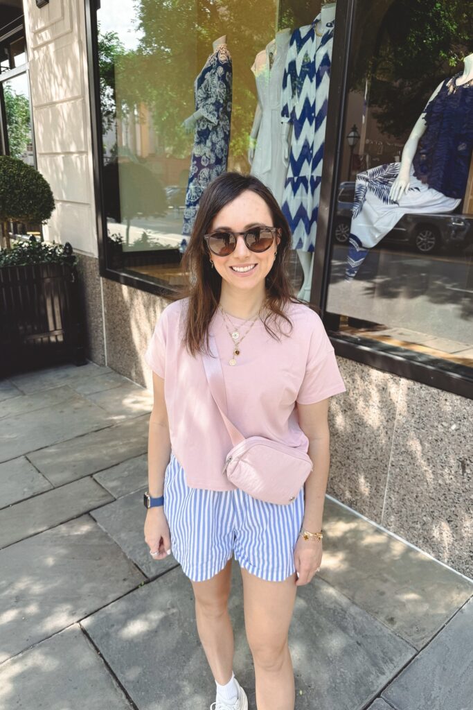 Lululemon cates tee pink haze with ralph lauren blue stripe boxer shorts and lululemon pink haze belt bag
