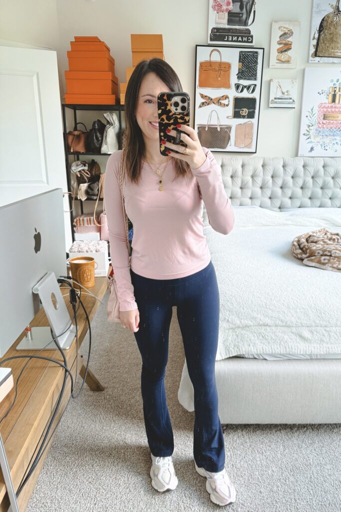 Lululemon long sleeve swiftly pink haze with lululemon align flares navy and rose sugar new balance 9060 sneakers