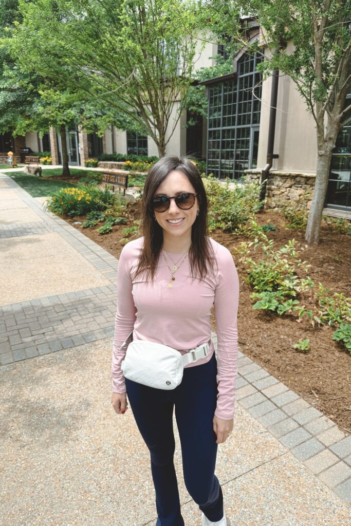 Lululemon long sleeve swiftly pink haze with lululemon define jacket true navy and lululemon bone belt bag