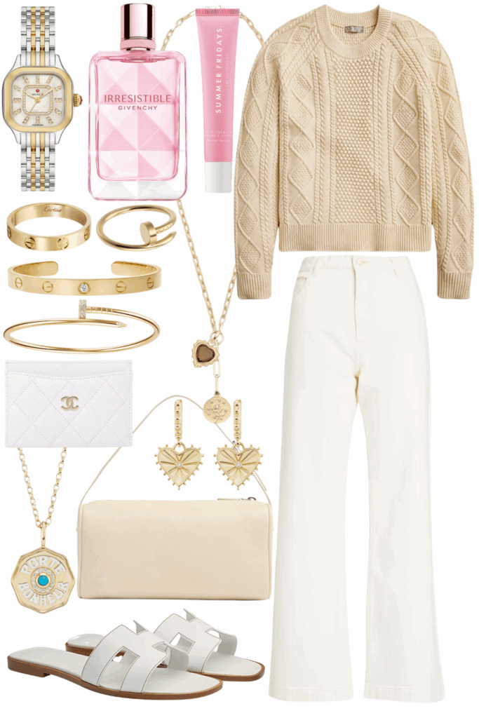 J Crew cream cable knit sweater with ecru baggy jeans and white hermes oran sandals