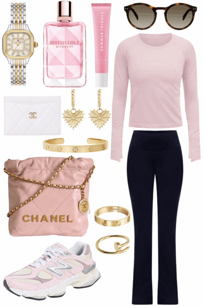 Lululemon long sleeve swiftly pink haze with lululemon align flares navy and new balance 9060 sneakers