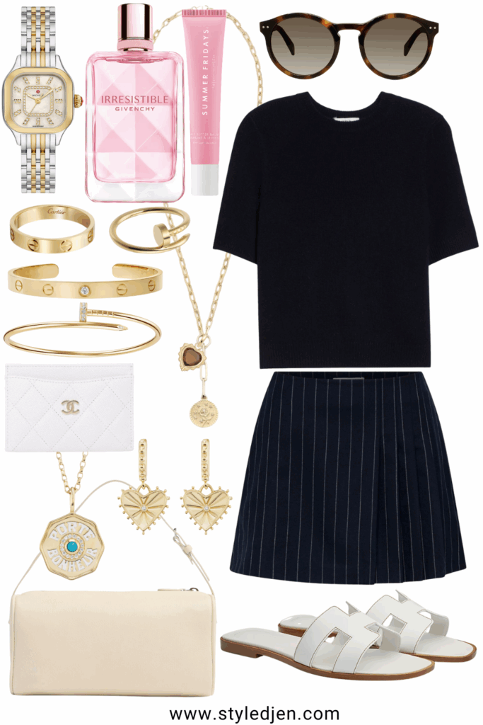 Vince navy short sleeve cashmere sweater with nicholas naomi pinstripe skort and white hermes oran sandals