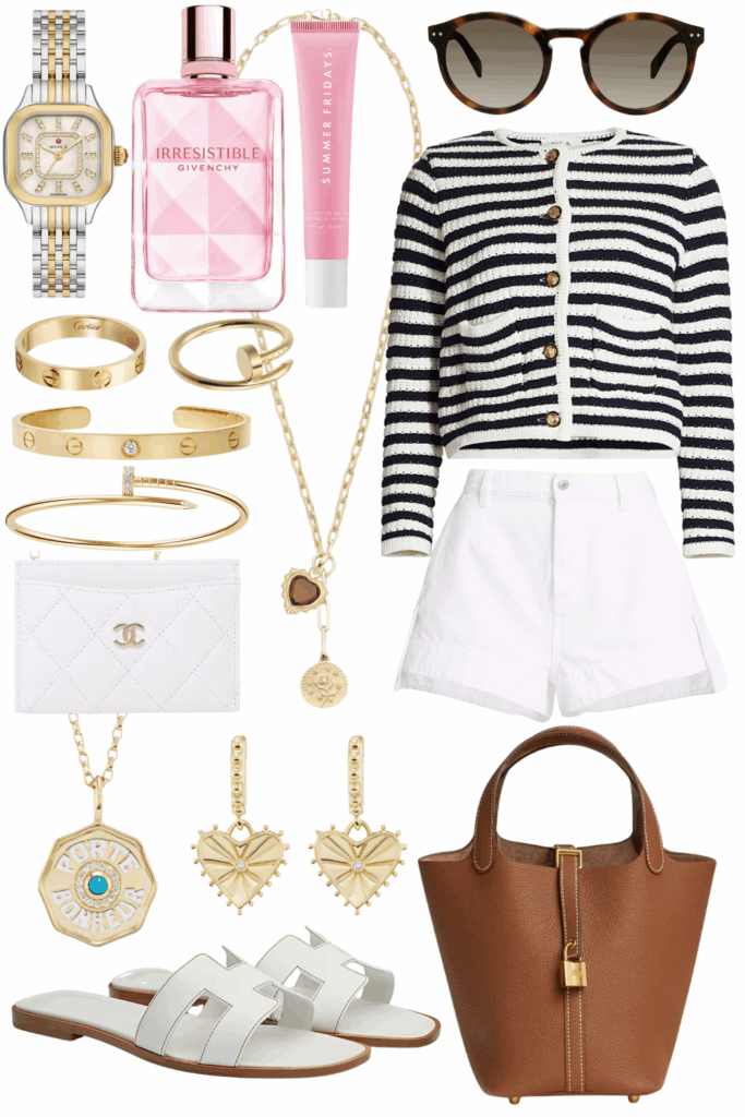 BA&SH stripe gaspard sweater cardigan with white denim shorts and white hermes oran sandals