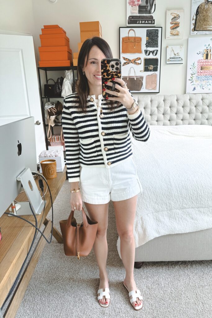 BA&SH stripe gaspard sweater cardigan with white denim shorts and gold hermes picotin