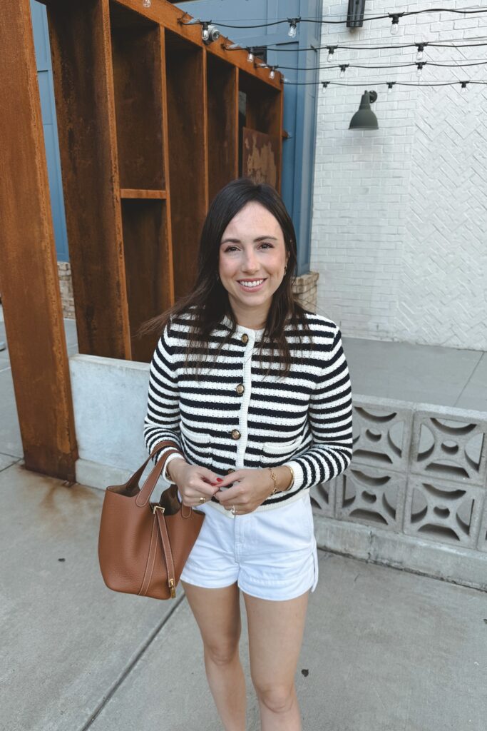 BA&SH stripe gaspard sweater cardigan with white denim shorts and hermes picotin