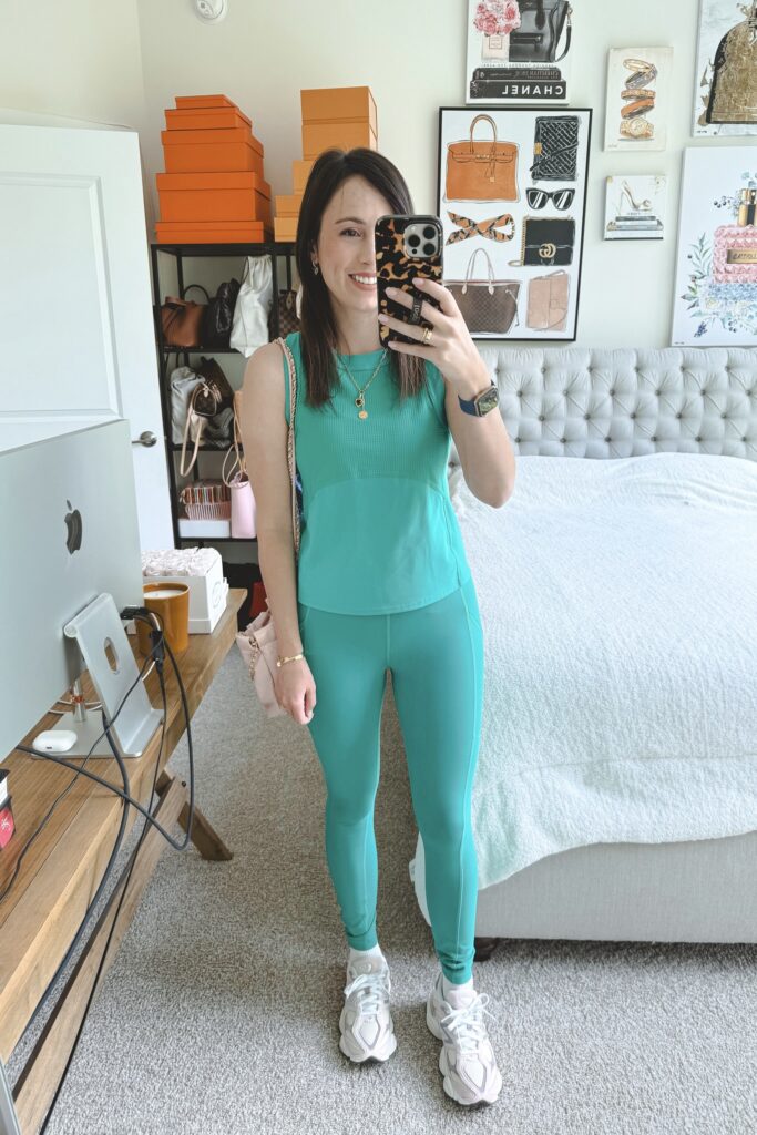 Lululemon grid texture tennis tank maldives green with invigorate leggings maldives green