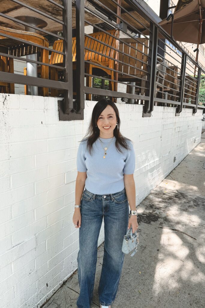Toccin light blue short sleeve cashmere sweater with DL1961 drue seagate jeans and micro dior djoy cloud blue