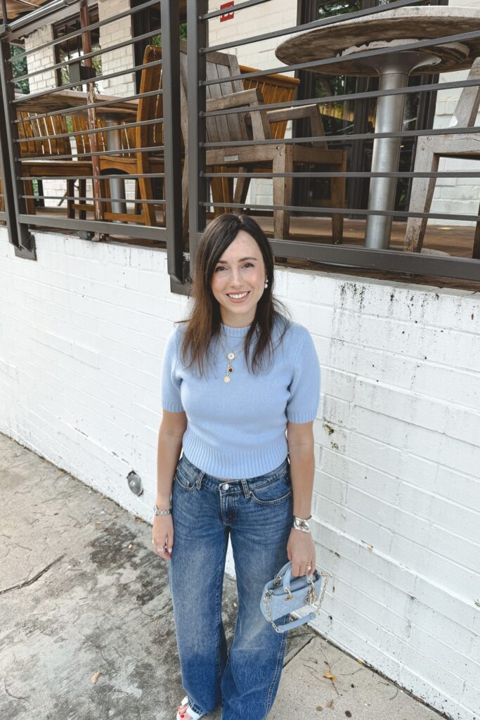 Toccin light blue short sleeve cashmere sweater with DL1961 drue seagate jeans and micro dior djoy cloud blue cannage