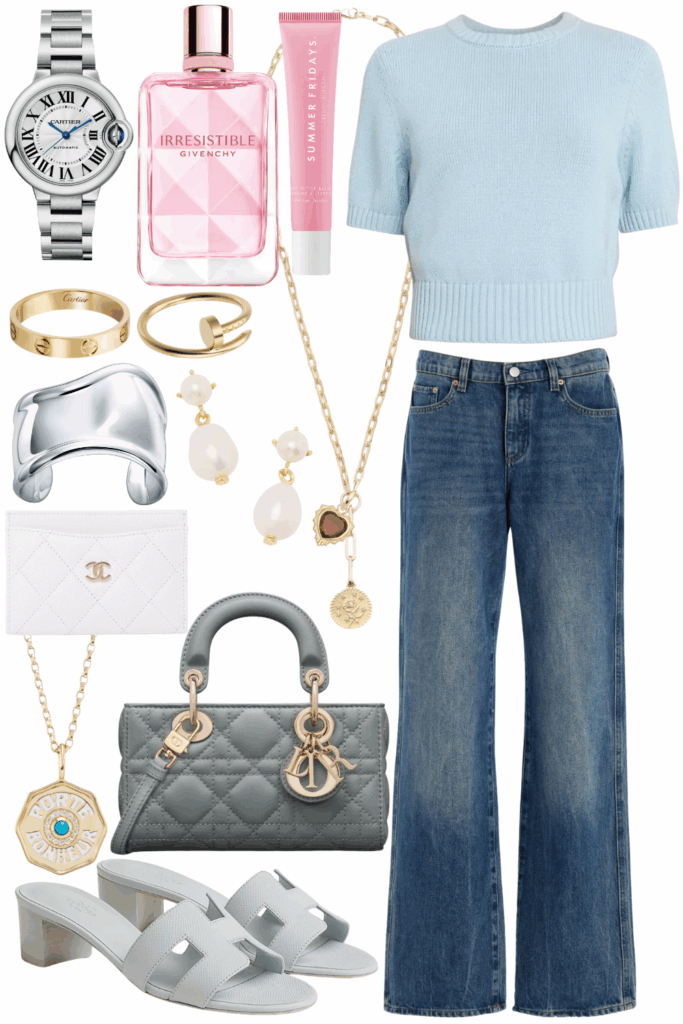 Toccin light blue short sleeve cashmere sweater with baggy jeans and hermes oasis sandals bleu glacier