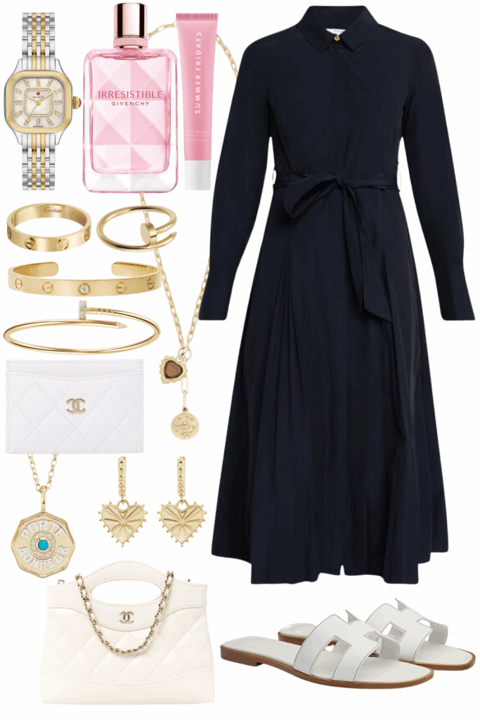 Derek Lam 10 Crosby navy Annette Long Sleeve Dress with white hermes oran sandals