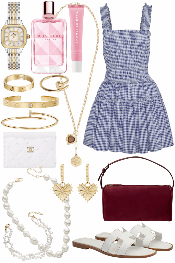 Hill house navy gingham azalea dress with white hermes oran sandals