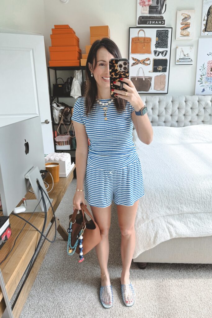 J crew blue stripe pointelle tee and shorts set with gold hermes picotin 18