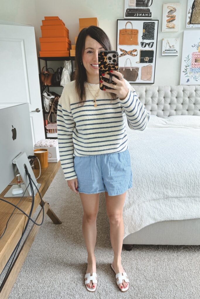 Tanya Taylor Fleur stripe sweater with j crew stripe linen shorts and hermes oran sandals
