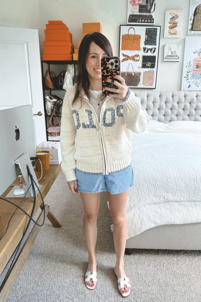 Polo ralph lauren blue cream zip up sweater with j crew stripe linen shorts and hermes oran sandals