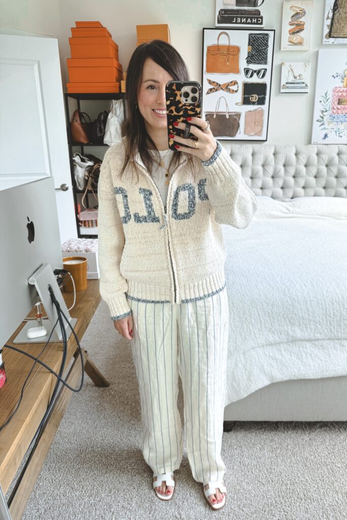 Polo ralph lauren blue cream zip up sweater with j crew stripe linen pants and hermes oran sandals