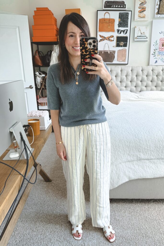 Vince blue boucle polo with j crew stripe linen pants and hermes oran sandals