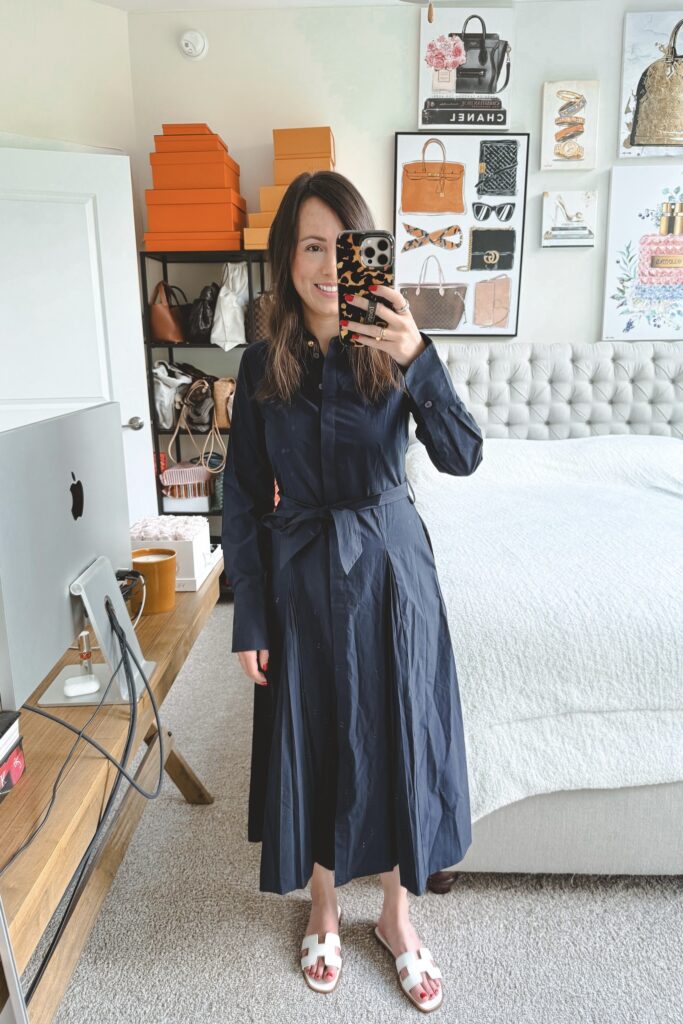 Derek Lam 10 Crosby midnight Annette Long Sleeve Dress with white hermes oran sandals