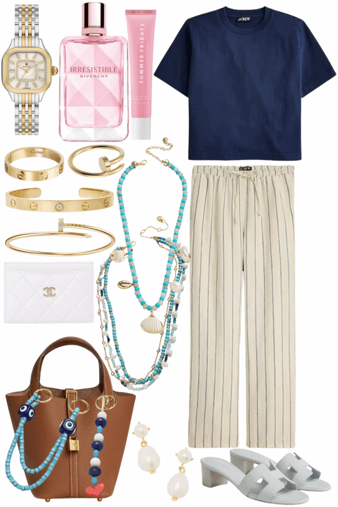 J crew navy boxy tshirt with stripe linen pants and hermes oasis sandals bleu glacier