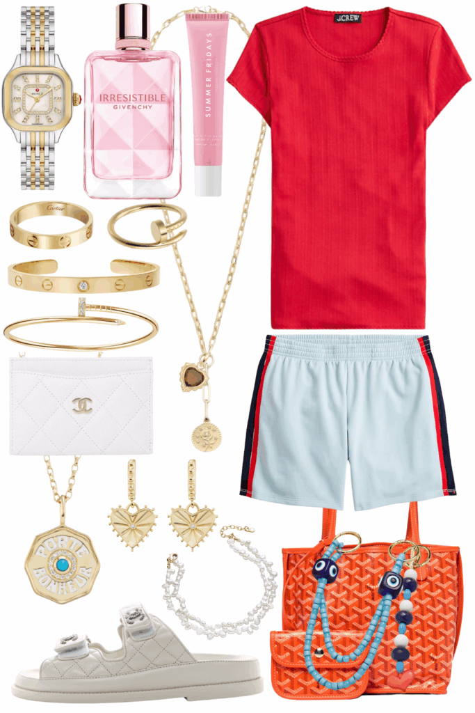 J crew red pointelle tee with blue track shorts and white chanel dad sandals