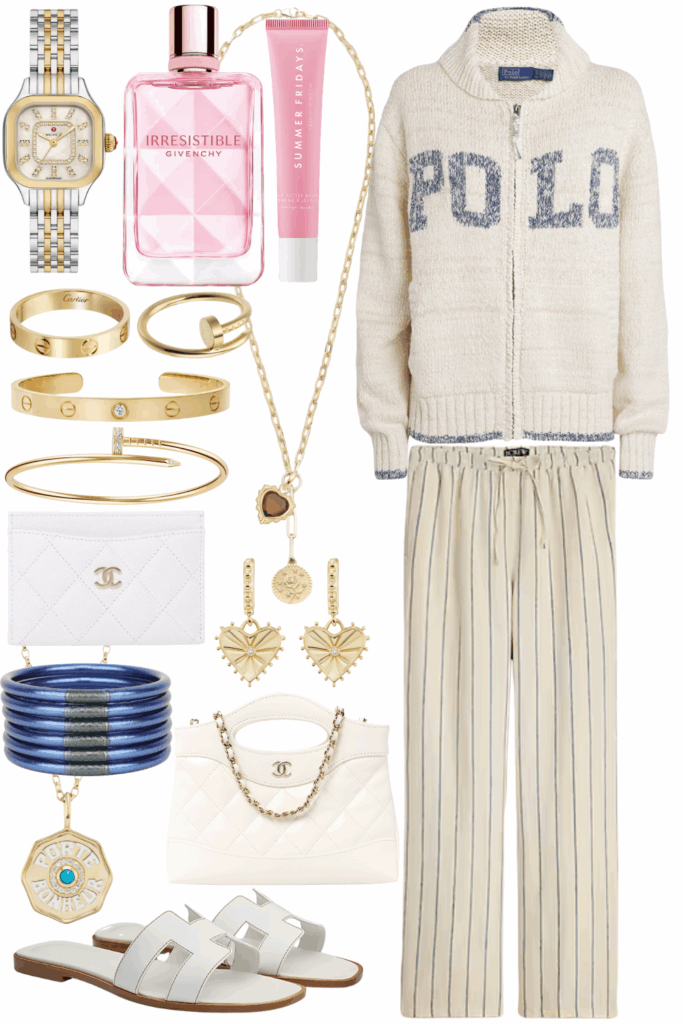 Polo ralph lauren blue cream zip up sweater with j crew stripe linen pants and white hermes oran sandals