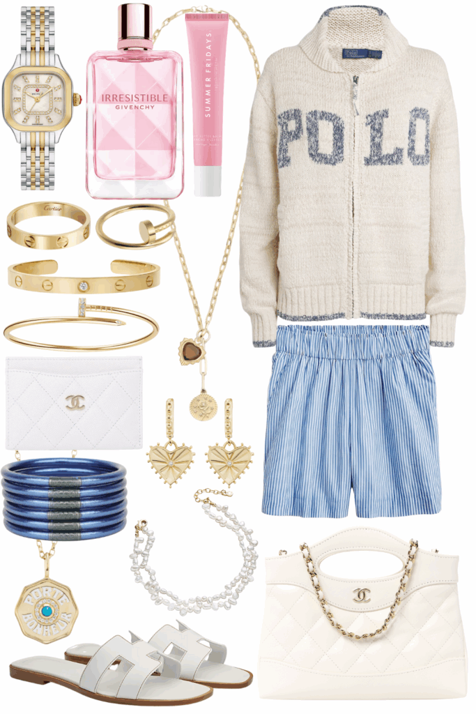 Polo ralph lauren blue cream zip up sweater with j crew stripe linen shorts and white hermes oran sandals
