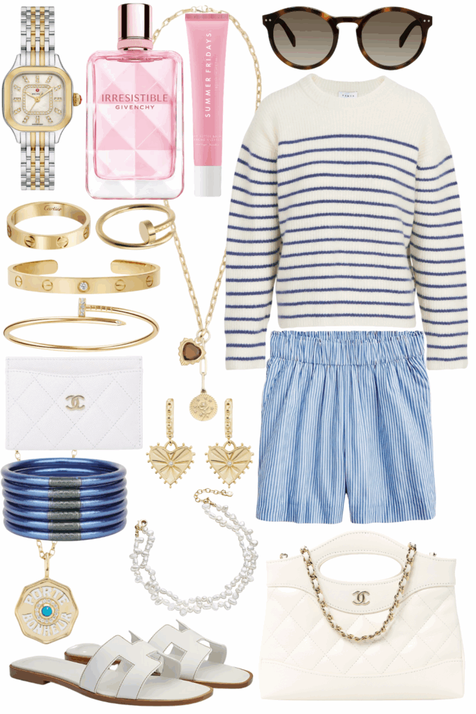 Tanya Taylor Fleur stripe sweater with j crew stripe linen shorts and white hermes oran sandals