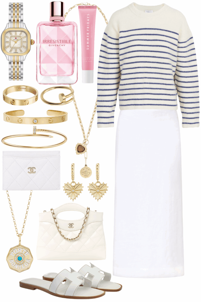 Tanya Taylor Fleur stripe sweater with white linen dress and white hermes oran sandals