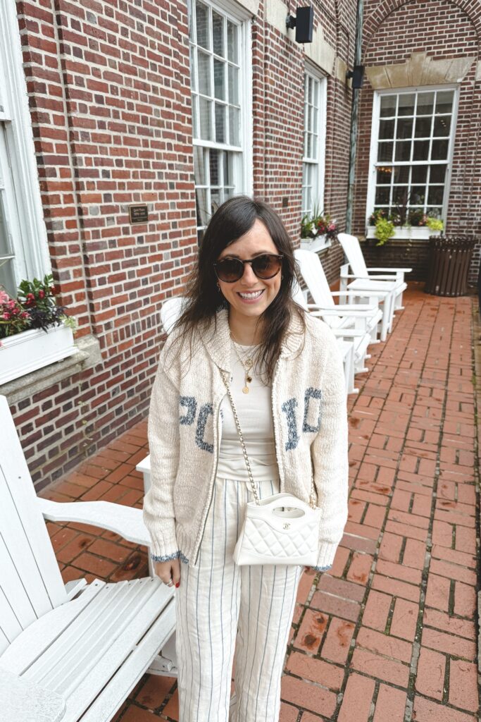 Polo ralph lauren blue cream zip up sweater with j crew stripe linen pants and white chanel 31 bag
