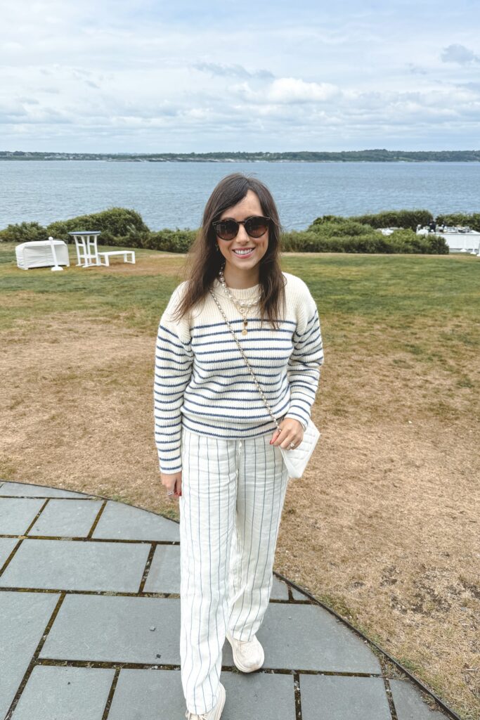 Tanya Taylor Fleur stripe sweater with j crew stripe linen pants and celine sunglasses
